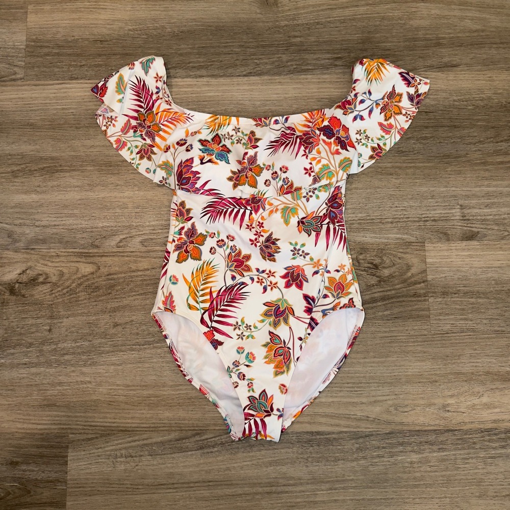 Lauren Ralph Lauren Floral Off-the-Shoulder Ruffle One Piece Swimsuit White 6